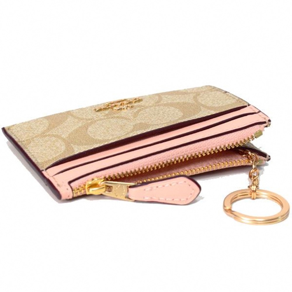 【COACH】滿版LOGO拼接皮革卡片零錢包-米粉-細節圖2