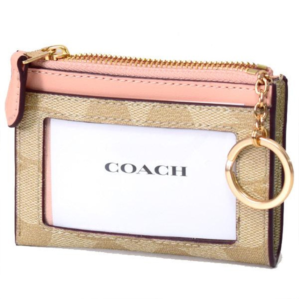 【COACH】滿版LOGO拼接皮革卡片零錢包-米粉-細節圖3