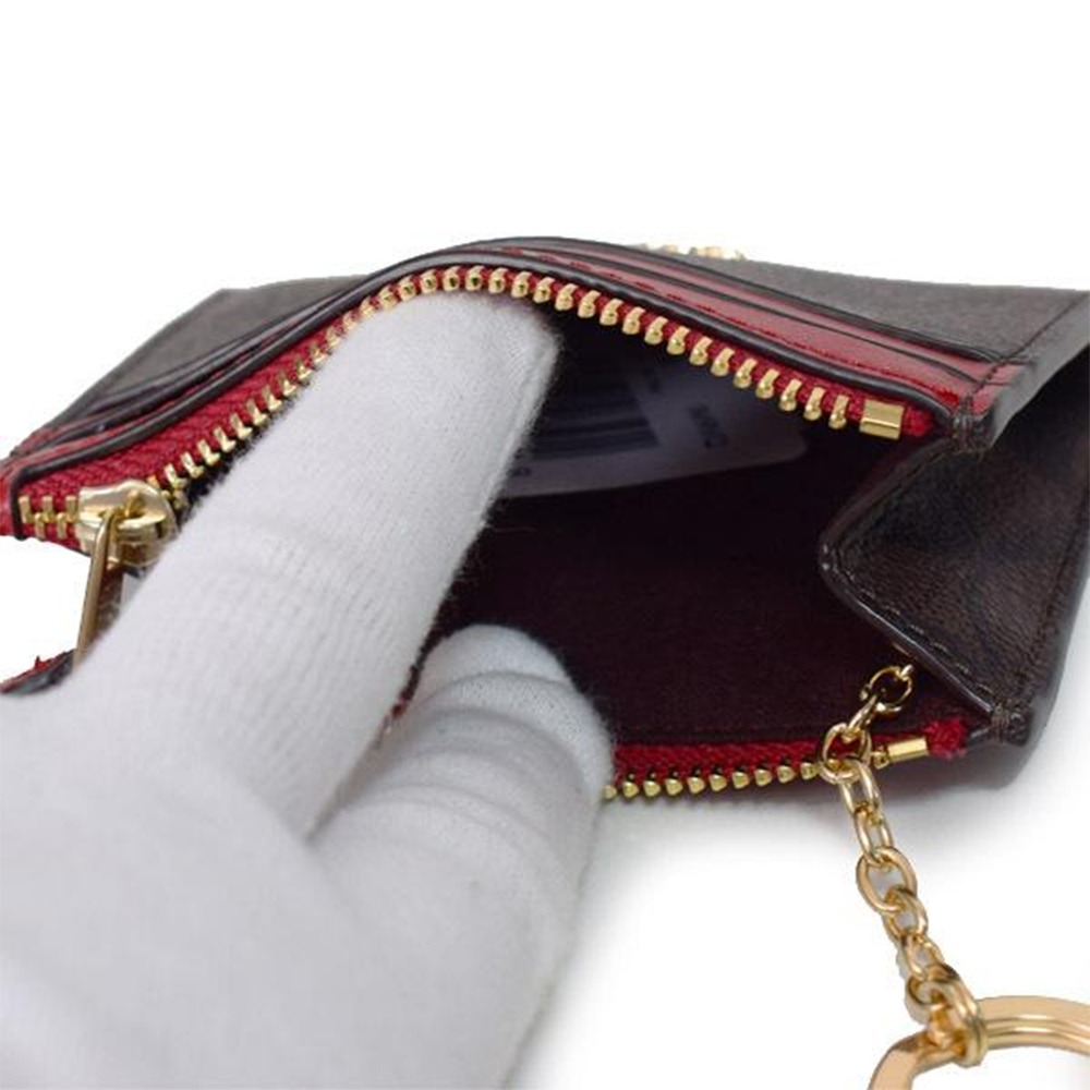 【COACH】滿版LOGO拼接皮革卡片零錢包-咖紅-細節圖4