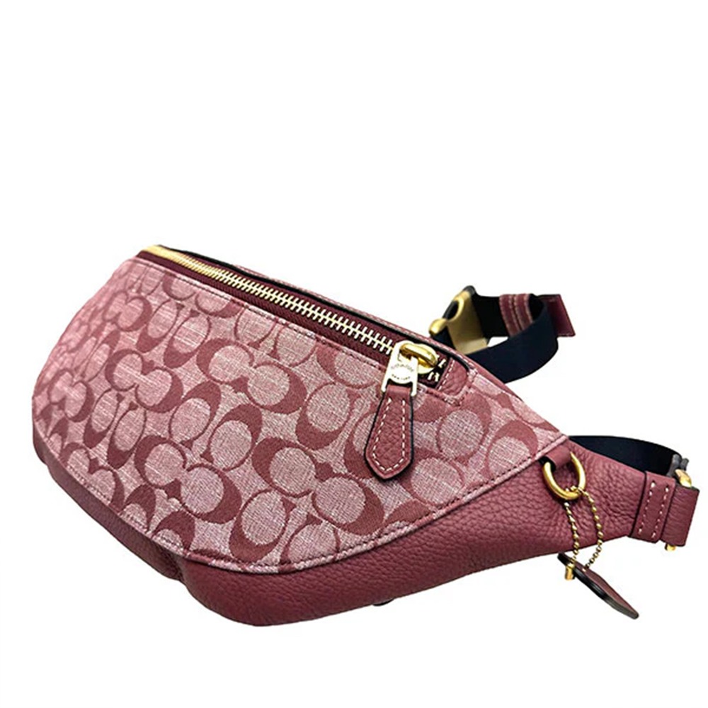 【COACH】滿版LOGO拼接皮革雙層腰包 -酒紅-細節圖2