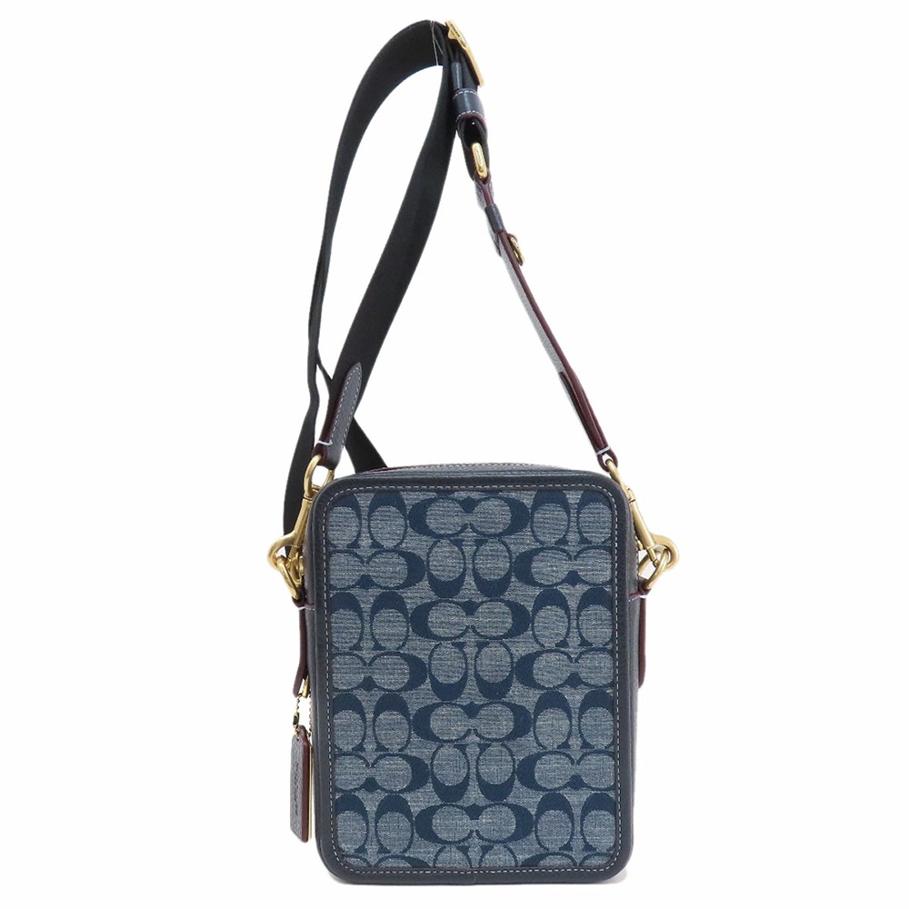 【COACH】滿版LOGO織布拼接皮革方形斜背包-深藍-細節圖2