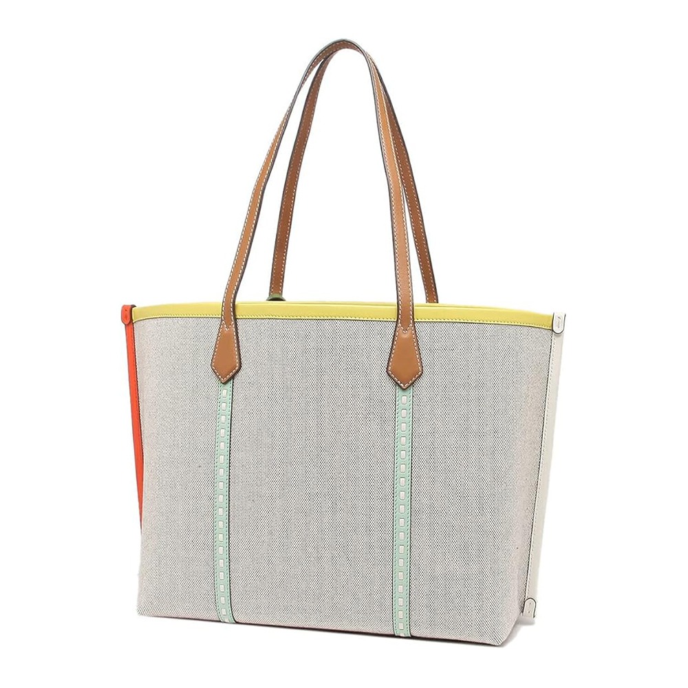 【TORY BURCH】撞色帆布拼接皮革托特包-淺米黃邊-細節圖2