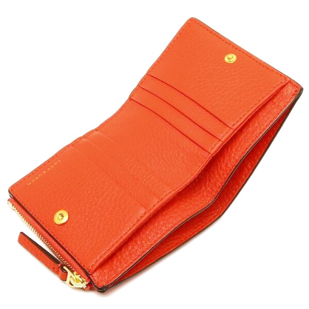 【TORY BURCH】雙T-LOGO素面皮革短夾-粉桔-細節圖2