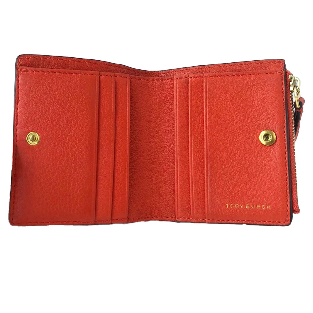 【TORY BURCH】雙T-LOGO素面皮革短夾-粉桔-細節圖3