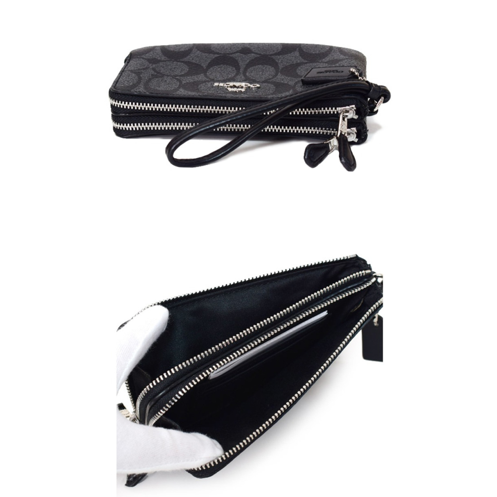 【COACH】滿版LOGO皮革L型雙層手拿包-黑灰色-細節圖3