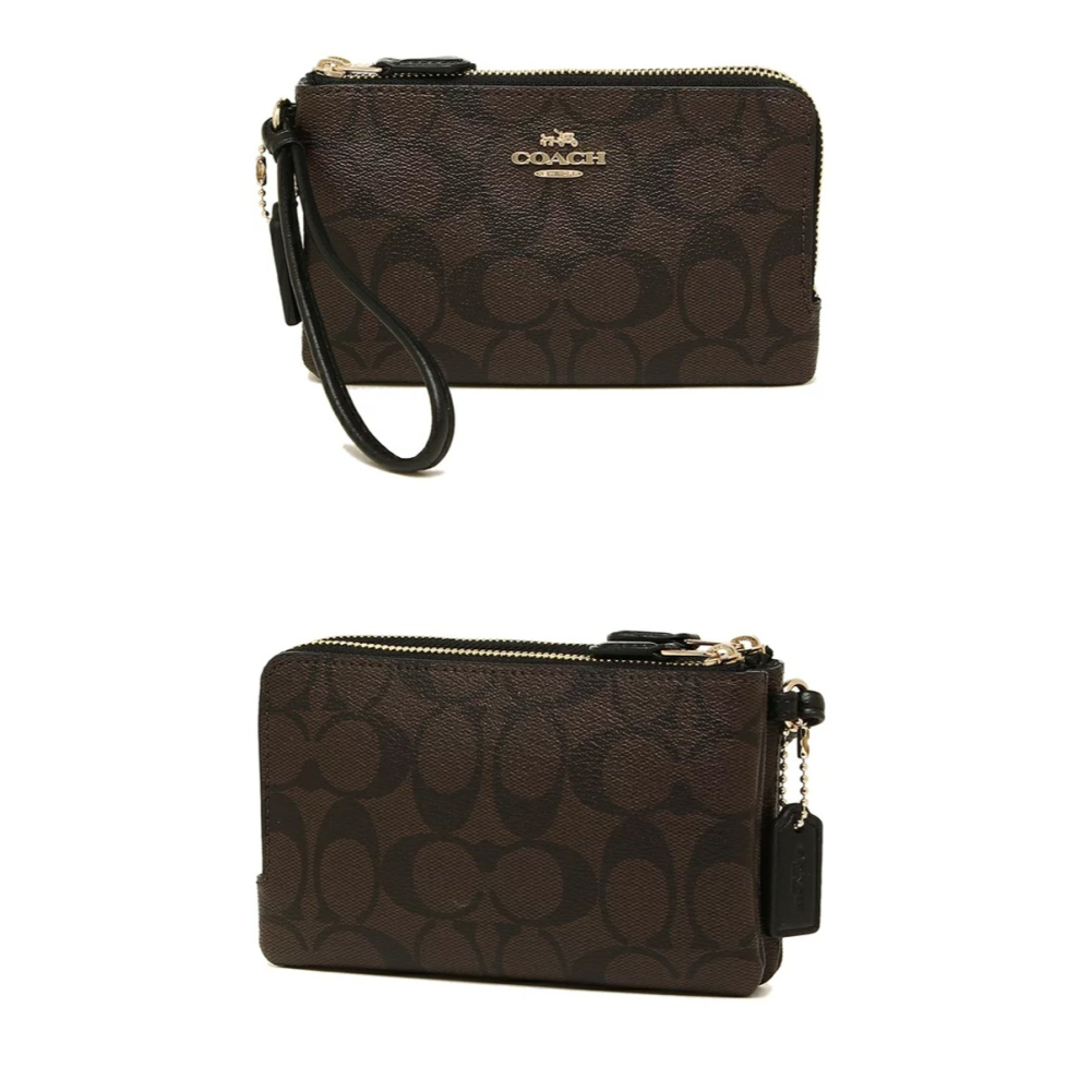 【COACH】滿版LOGO皮革L型雙層手拿包-咖啡色-細節圖2