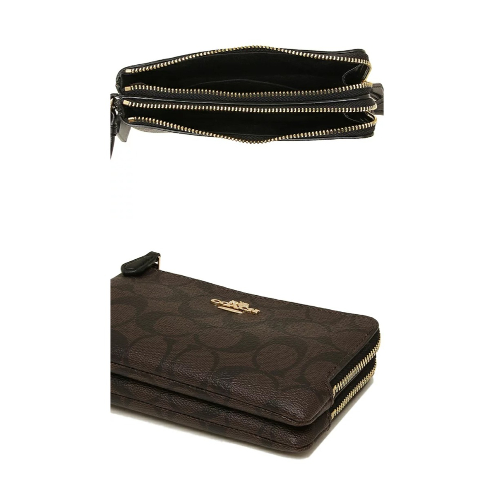 【COACH】滿版LOGO皮革L型雙層手拿包-咖啡色-細節圖3