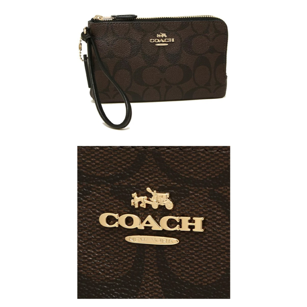 【COACH】滿版LOGO皮革L型雙層手拿包-咖啡色-細節圖4