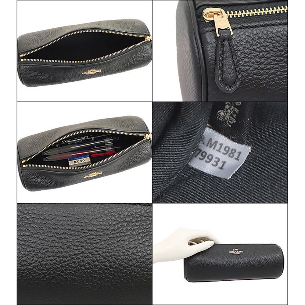 【COACH】鵝卵石皮革圓筒筆袋-黑色-細節圖3