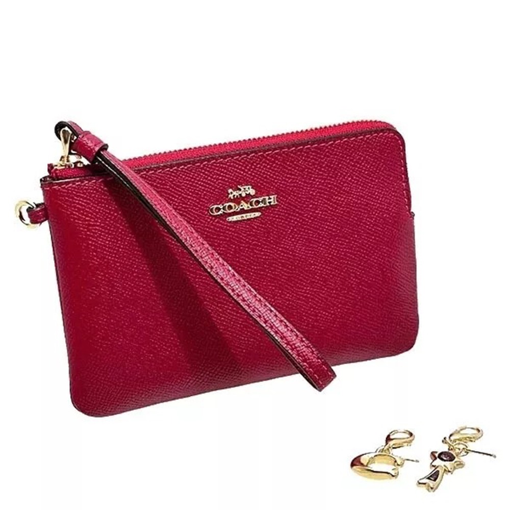 【COACH】素面皮革L型手拿包及吊飾禮盒-紅色-細節圖2