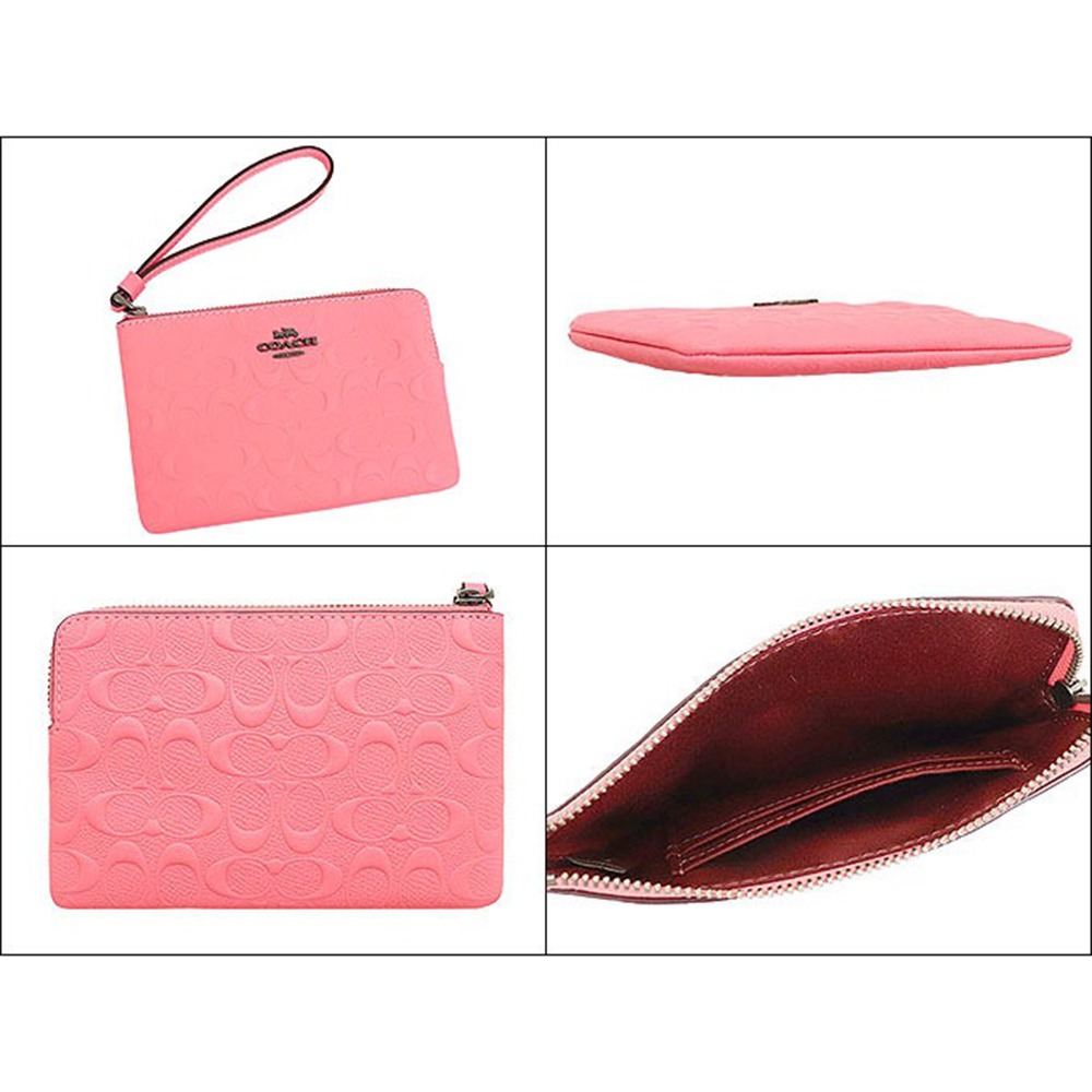 【COACH】浮雕皮革L型拉鍊零錢手拿包-莓粉色-細節圖2