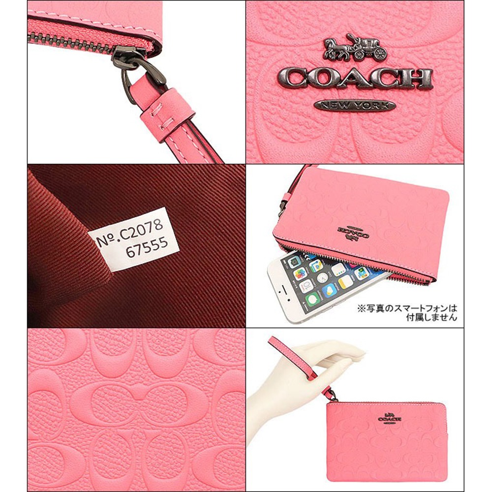 【COACH】浮雕皮革L型拉鍊零錢手拿包-莓粉色-細節圖3