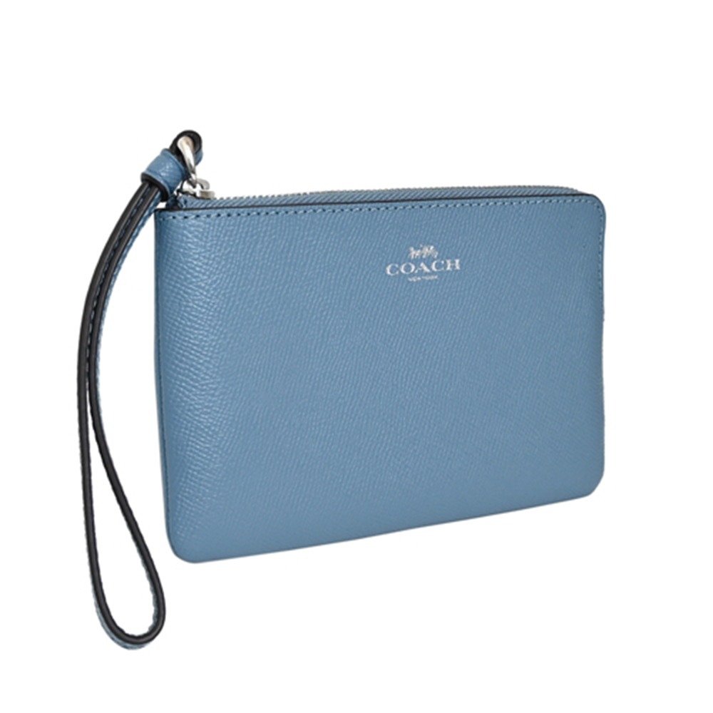 【COACH】素面皮革Ｌ型拉鍊手拿包-藍灰色-細節圖2