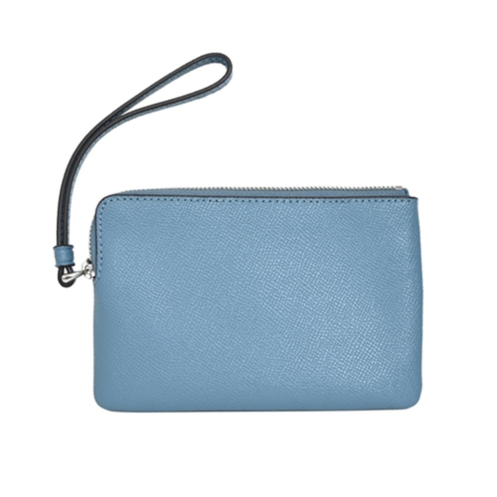 【COACH】素面皮革Ｌ型拉鍊手拿包-藍灰色-細節圖3