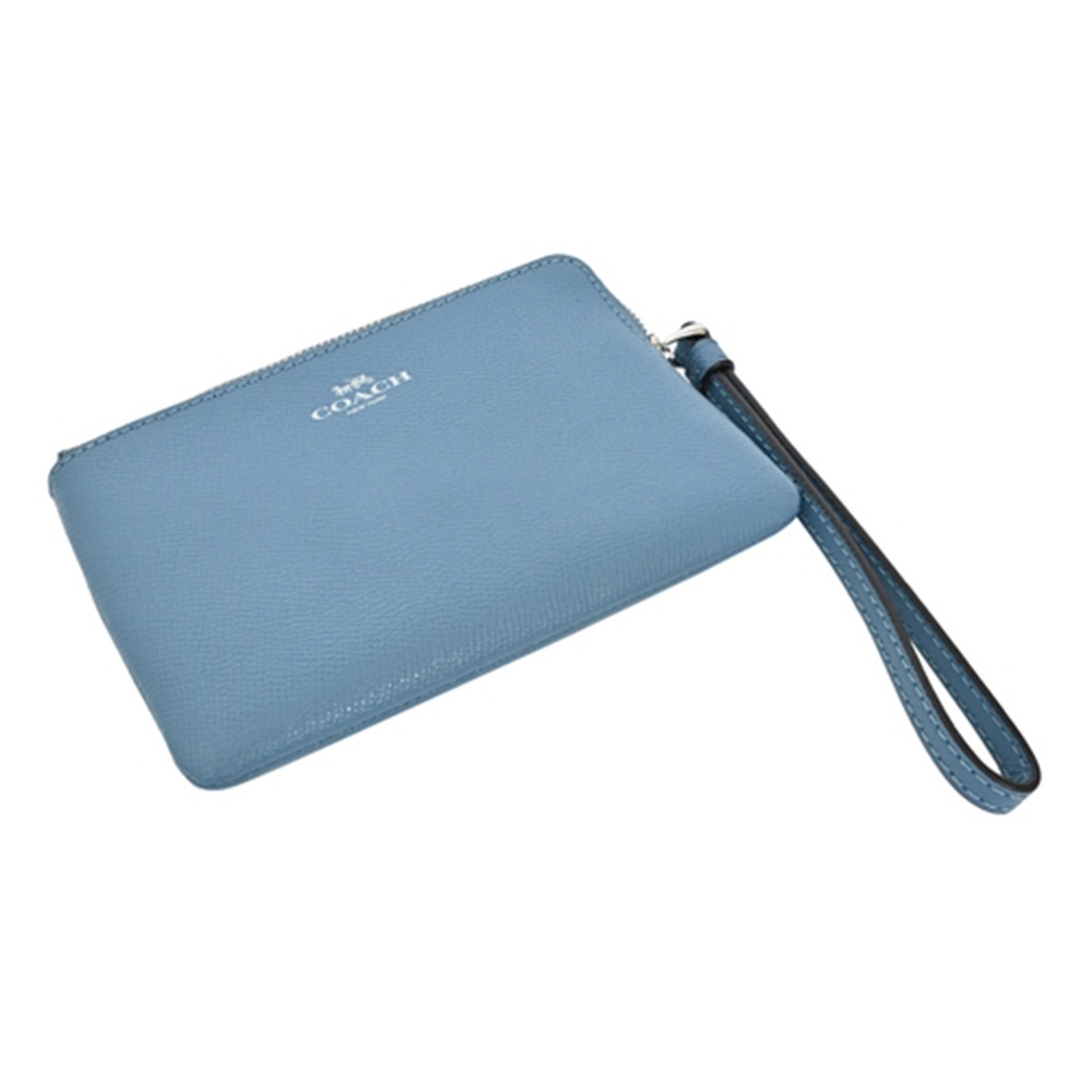 【COACH】素面皮革Ｌ型拉鍊手拿包-藍灰色-細節圖4
