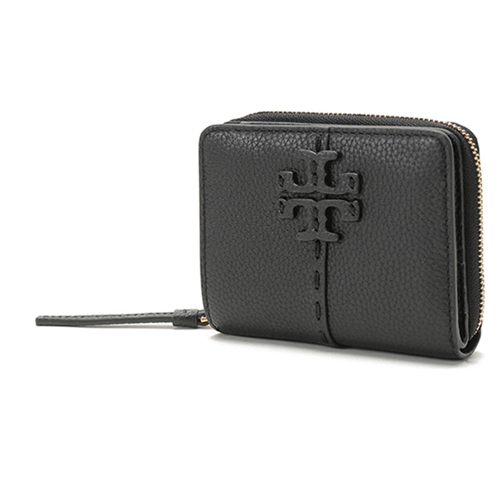 【TORY BURCH】素面皮革拉鍊二折短夾-黑色-細節圖2