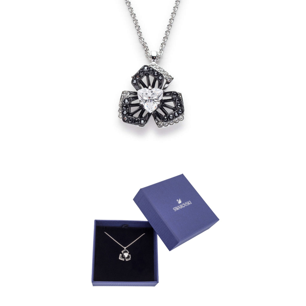 【SWAROVSKI】銀黑鑲鑽三瓣花朵墜鍊-銀-細節圖2
