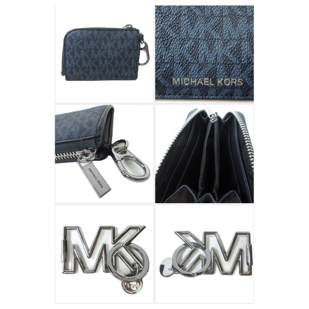 【MICHAEL KORS】經典老花零錢包+LOGO金屬吊飾禮盒-深藍-細節圖4