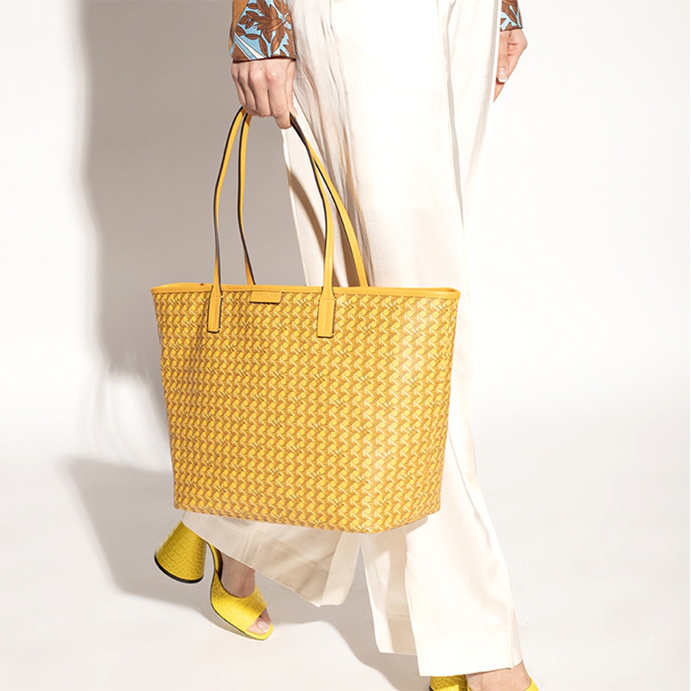 【TORY BURCH】格紋LOGO托特包-黃色-細節圖5