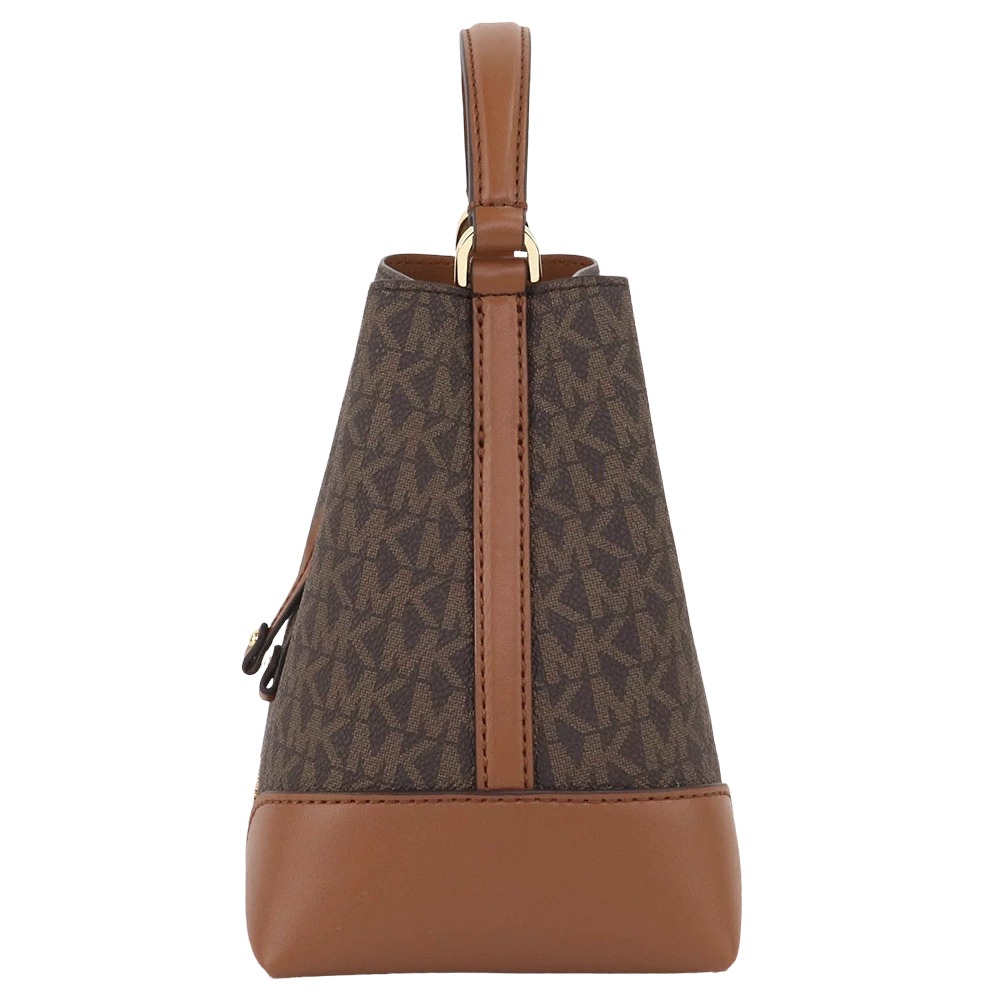 【MICHAEL KORS】滿版LOGO拼接皮革水桶包-咖駝-細節圖2