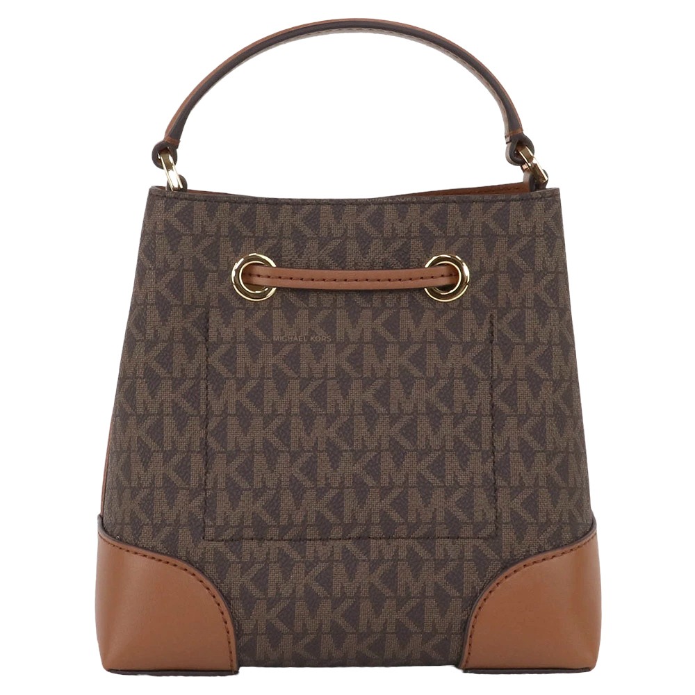 【MICHAEL KORS】滿版LOGO拼接皮革水桶包-咖駝-細節圖3