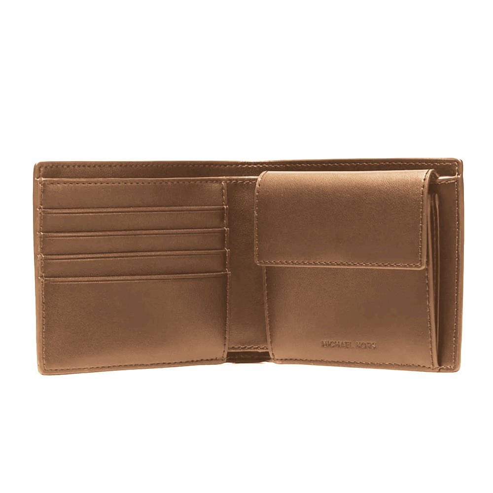 【MICHAEL KORS】燙字LOGO荔枝紋皮革短夾-焦糖棕色-細節圖3