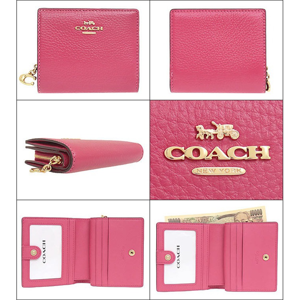 【COACH】鵝卵石皮革二折短夾-桃粉色-細節圖2