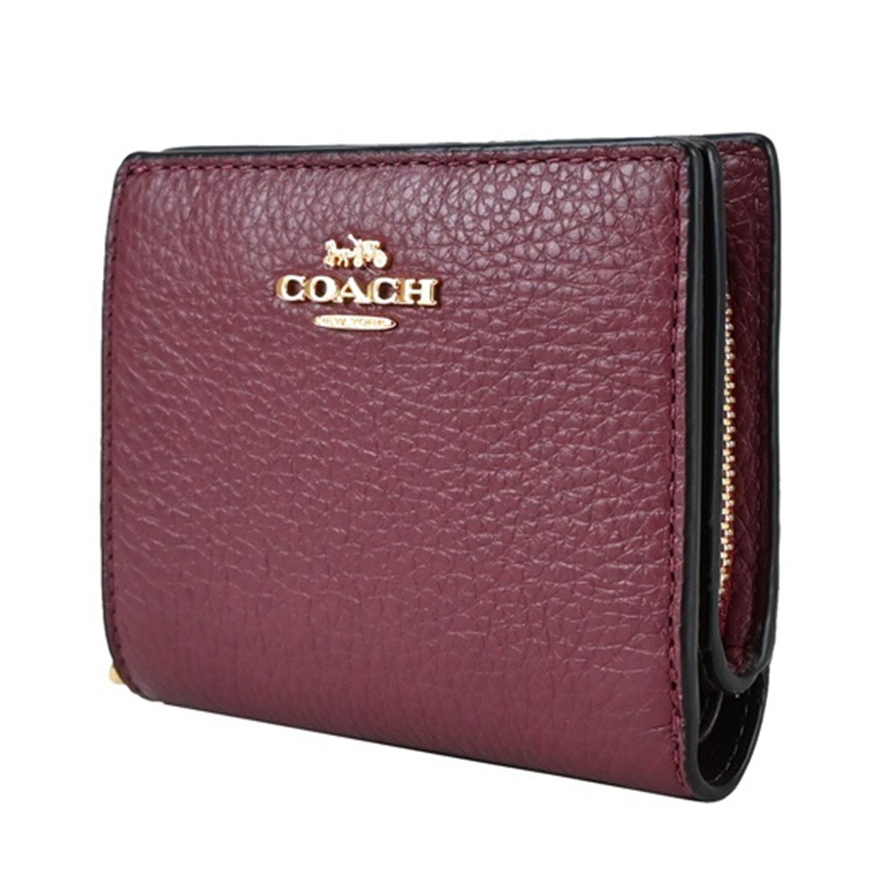 【COACH】鵝卵石皮革二折短夾-酒紅色-細節圖2
