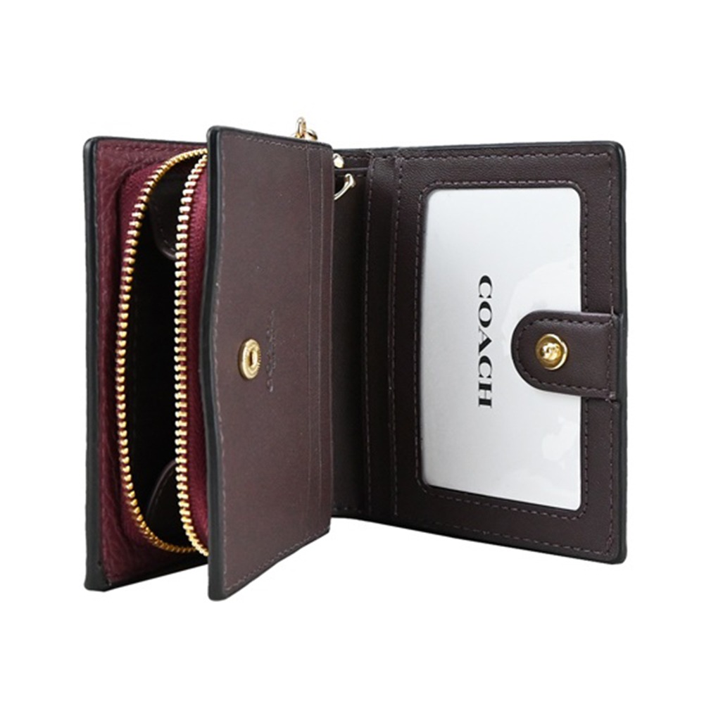 【COACH】鵝卵石皮革二折短夾-酒紅色-細節圖3