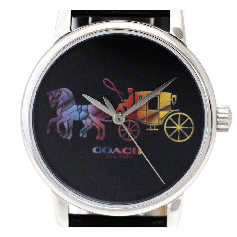 【COACH】彩虹經典馬車LOGO皮革錶帶手錶-黑-細節圖2
