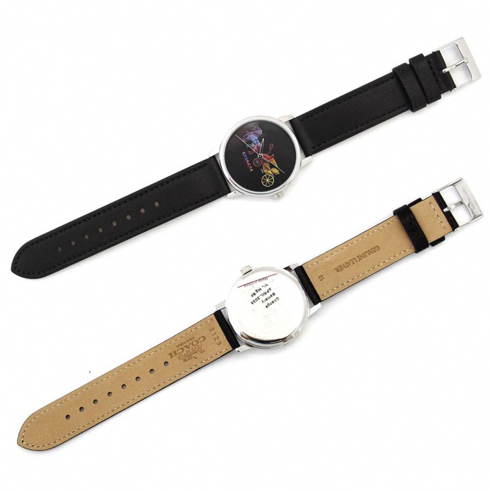 【COACH】彩虹經典馬車LOGO皮革錶帶手錶-黑-細節圖4