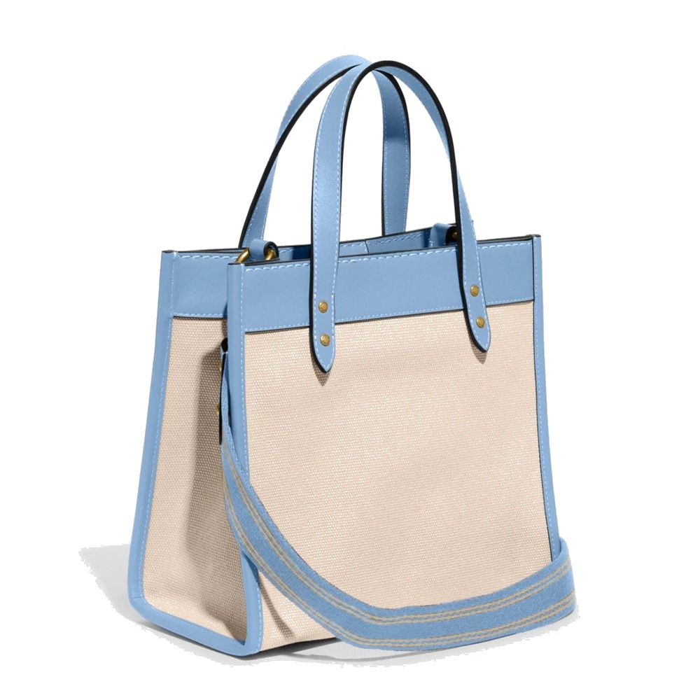 【COACH】拼接皮革手提小托特包-米白藍邊-細節圖2