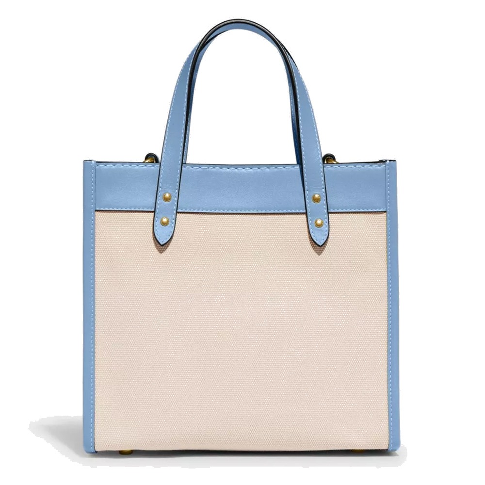 【COACH】拼接皮革手提小托特包-米白藍邊-細節圖3