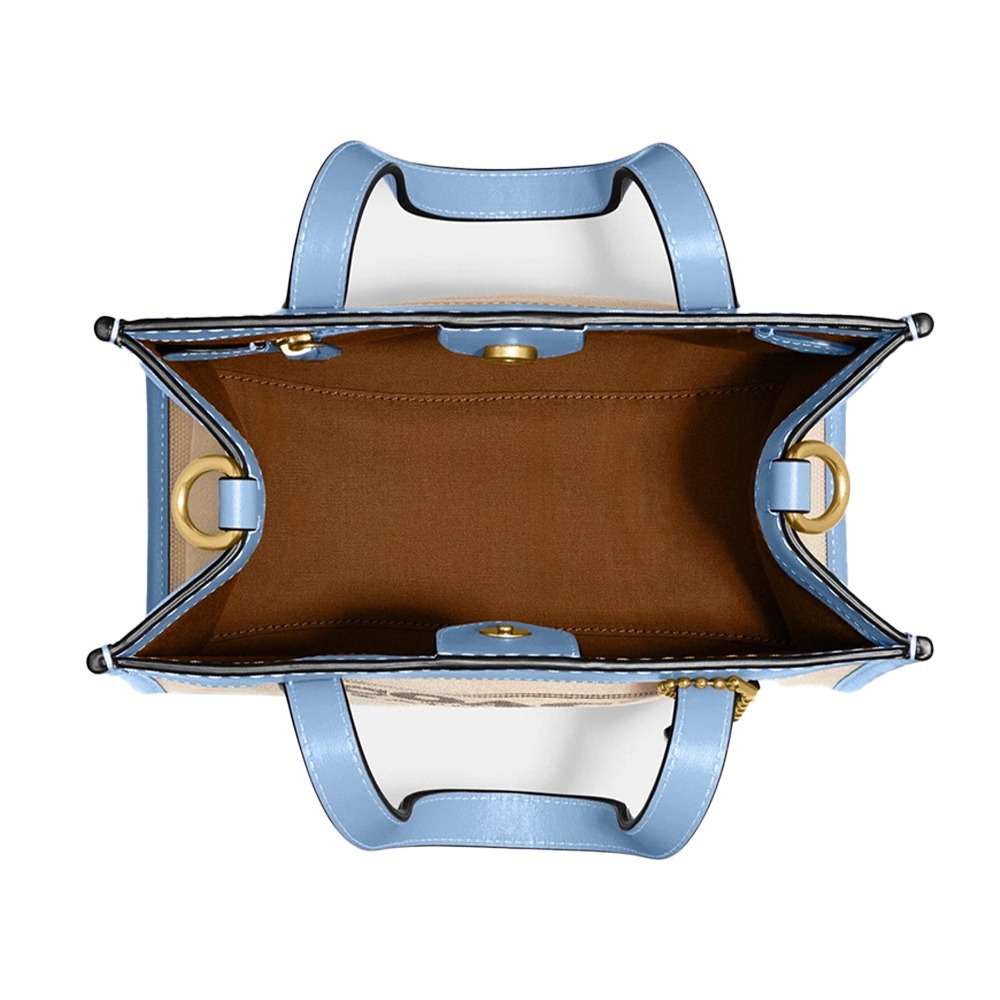 【COACH】拼接皮革手提小托特包-米白藍邊-細節圖4