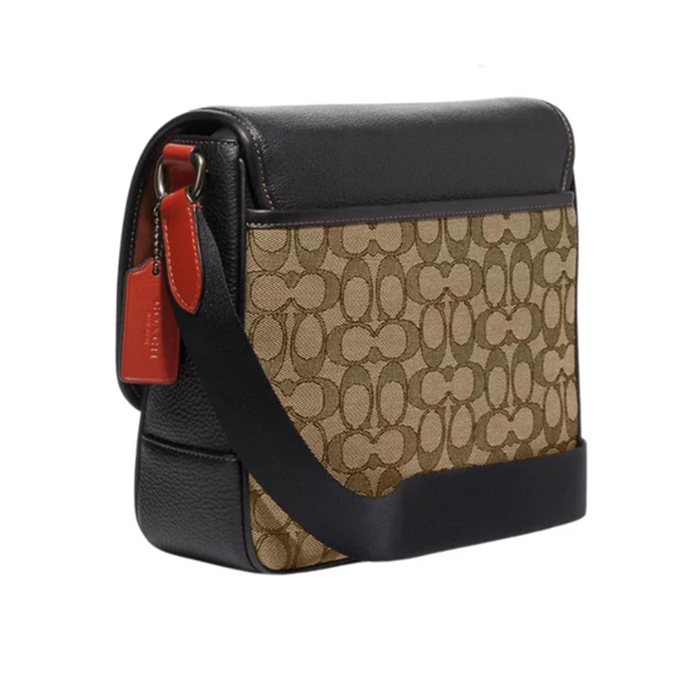 【COACH】緹花拼接皮革翻蓋斜背包-卡其黑-細節圖2