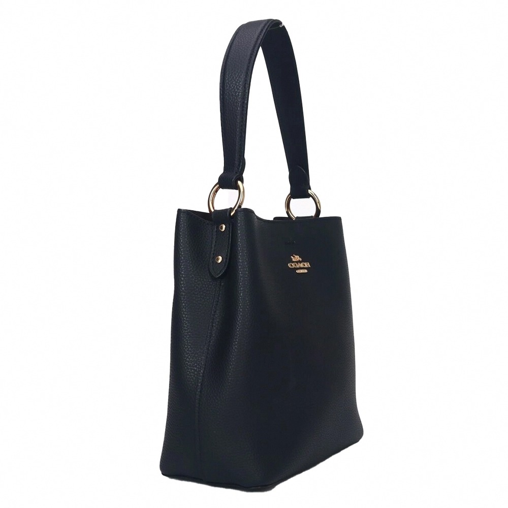 【COACH】素面皮革肩斜兩用水桶包-黑-細節圖2