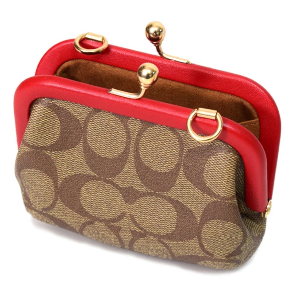 【COACH】滿版LOGO皮革小廢包/ 零錢鍊包-卡其紅-細節圖3