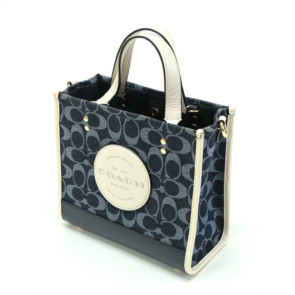 【COACH】圓標LOGO牛仔拼接皮革兩用包-深藍配白-細節圖2