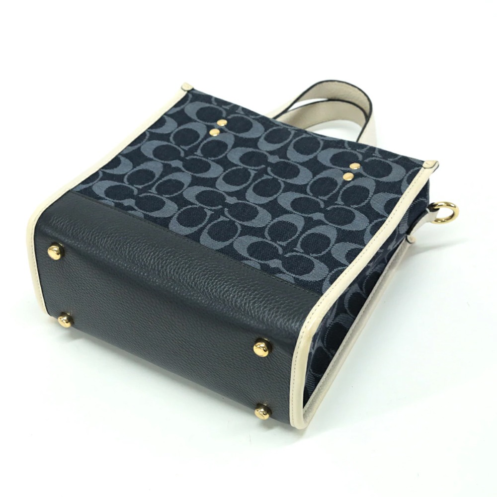 【COACH】圓標LOGO牛仔拼接皮革兩用包-深藍配白-細節圖3