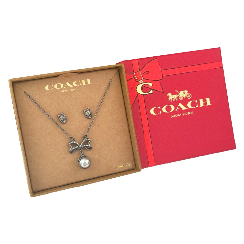 【COACH】珍珠水鑽項鍊耳環禮盒組-灰-細節圖2
