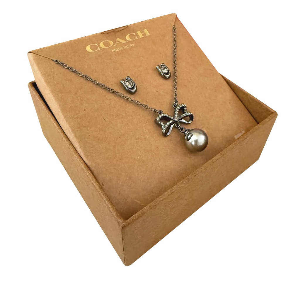 【COACH】珍珠水鑽項鍊耳環禮盒組-灰-細節圖3