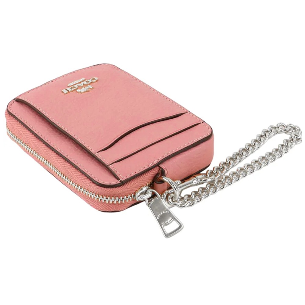 【COACH】荔枝紋皮革鍊帶零錢包-胭脂粉-細節圖4