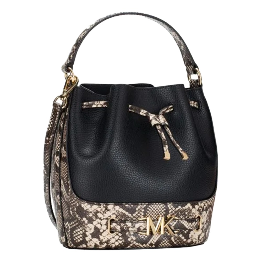 【MICHAEL KORS】拼接蛇紋皮革水桶兩用包-黑-細節圖2