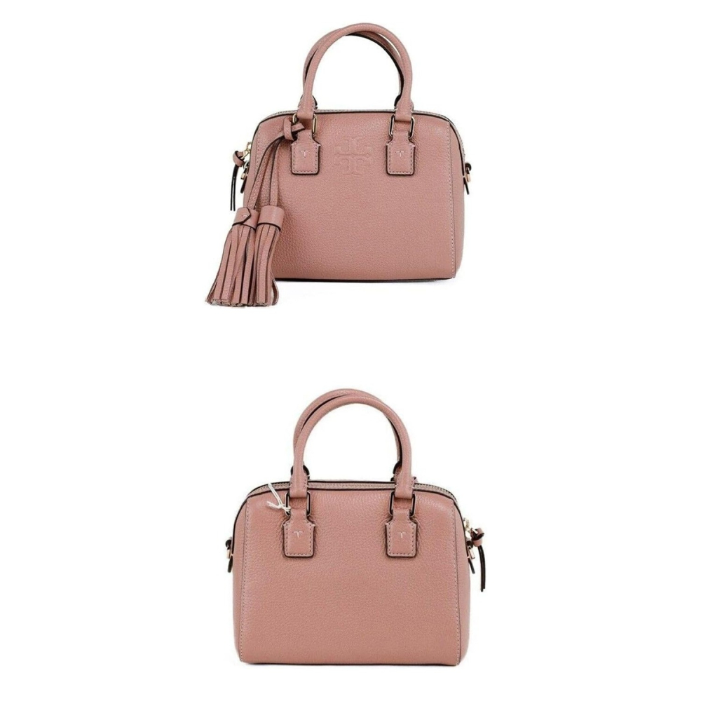 【TORY BURCH】小款荔枝皮革流蘇素色波士頓包/兩用包-粉-細節圖3