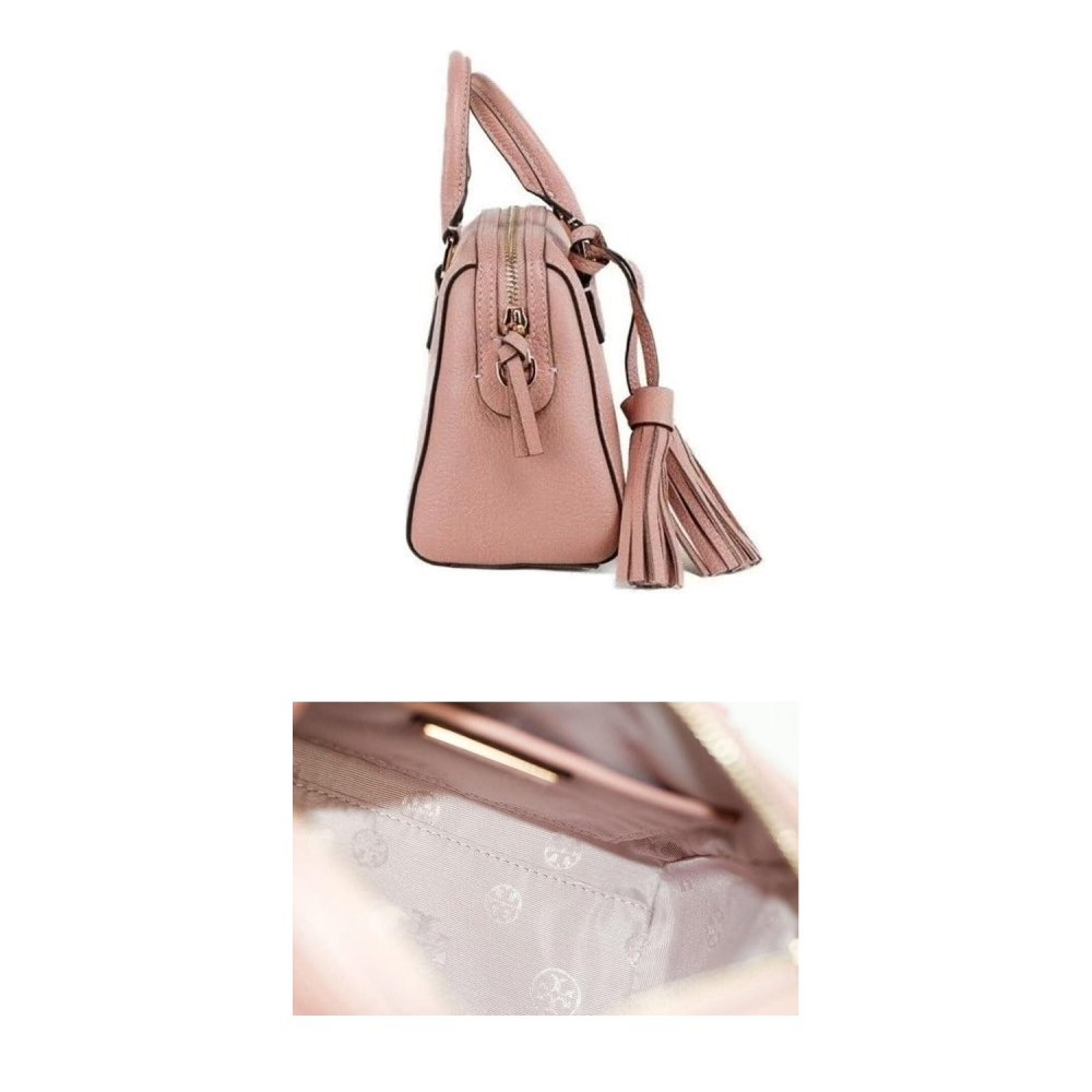 【TORY BURCH】小款荔枝皮革流蘇素色波士頓包/兩用包-粉-細節圖4