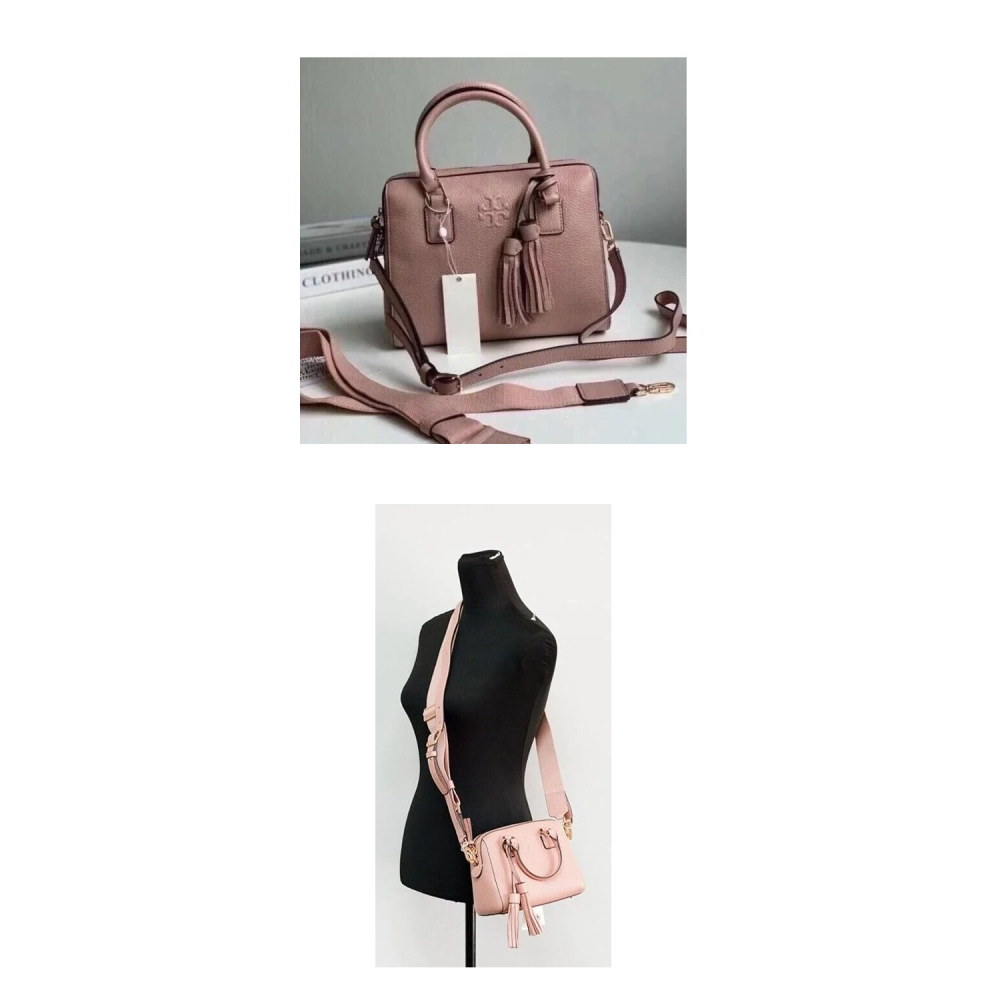 【TORY BURCH】小款荔枝皮革流蘇素色波士頓包/兩用包-粉-細節圖5