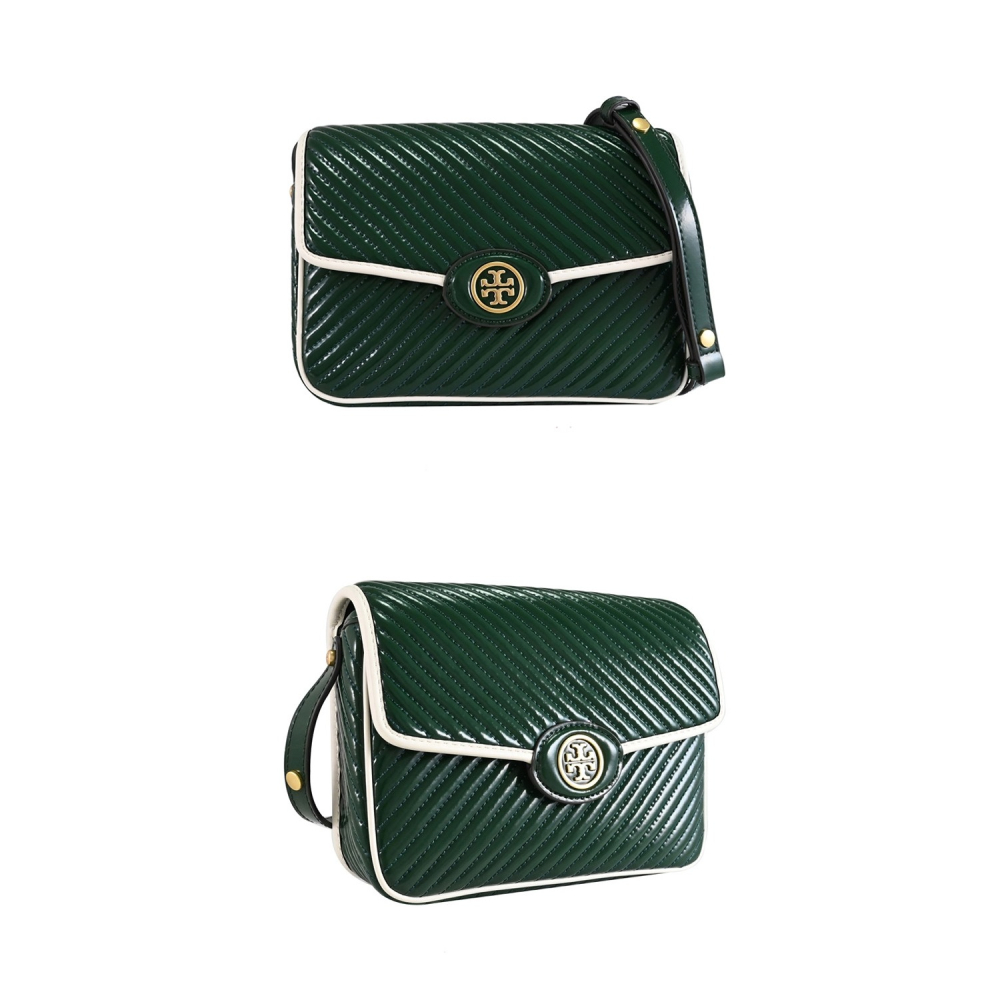 【TORY BURCH】斜紋漆皮翻蓋復古風斜背包-祖母綠-細節圖3