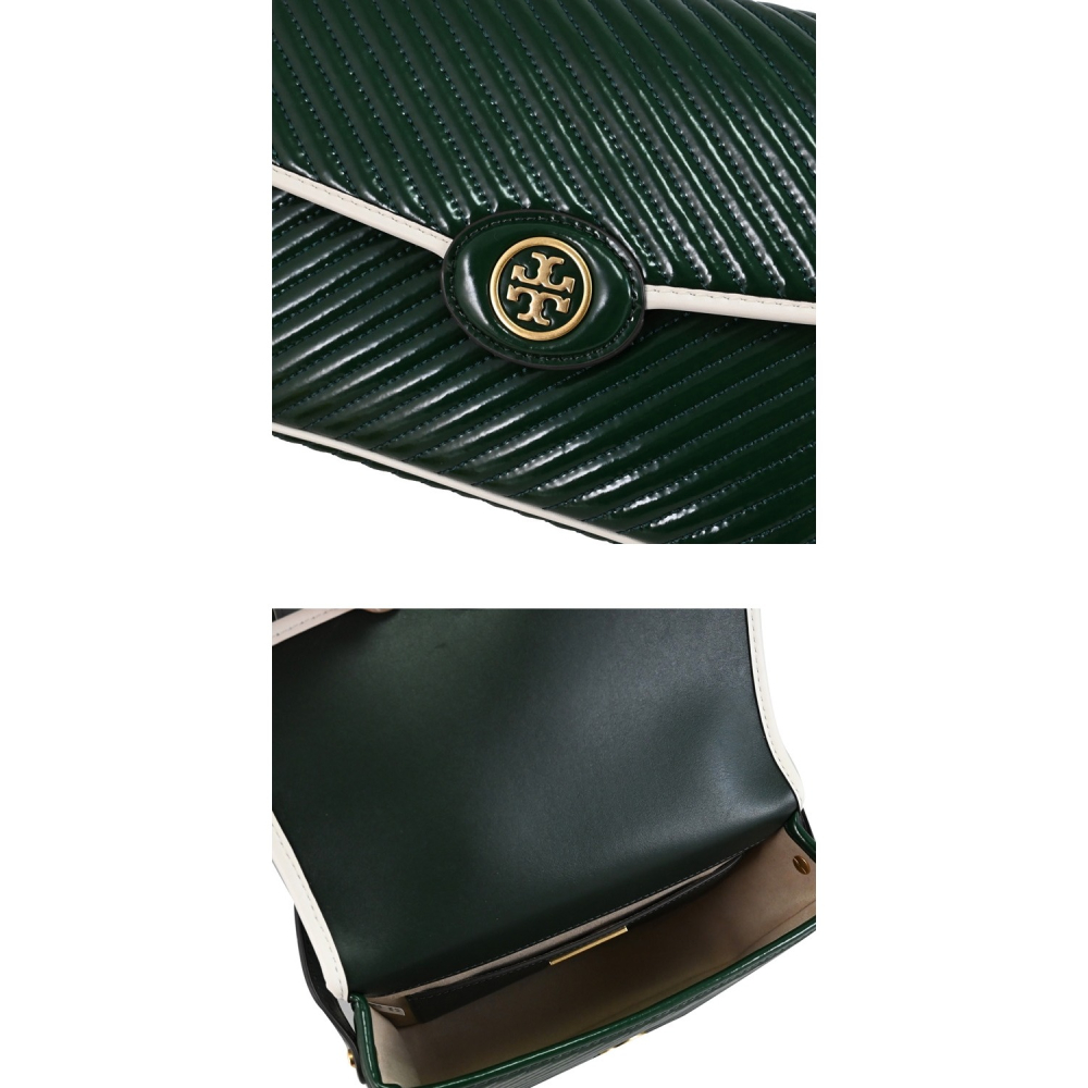 【TORY BURCH】斜紋漆皮翻蓋復古風斜背包-祖母綠-細節圖5