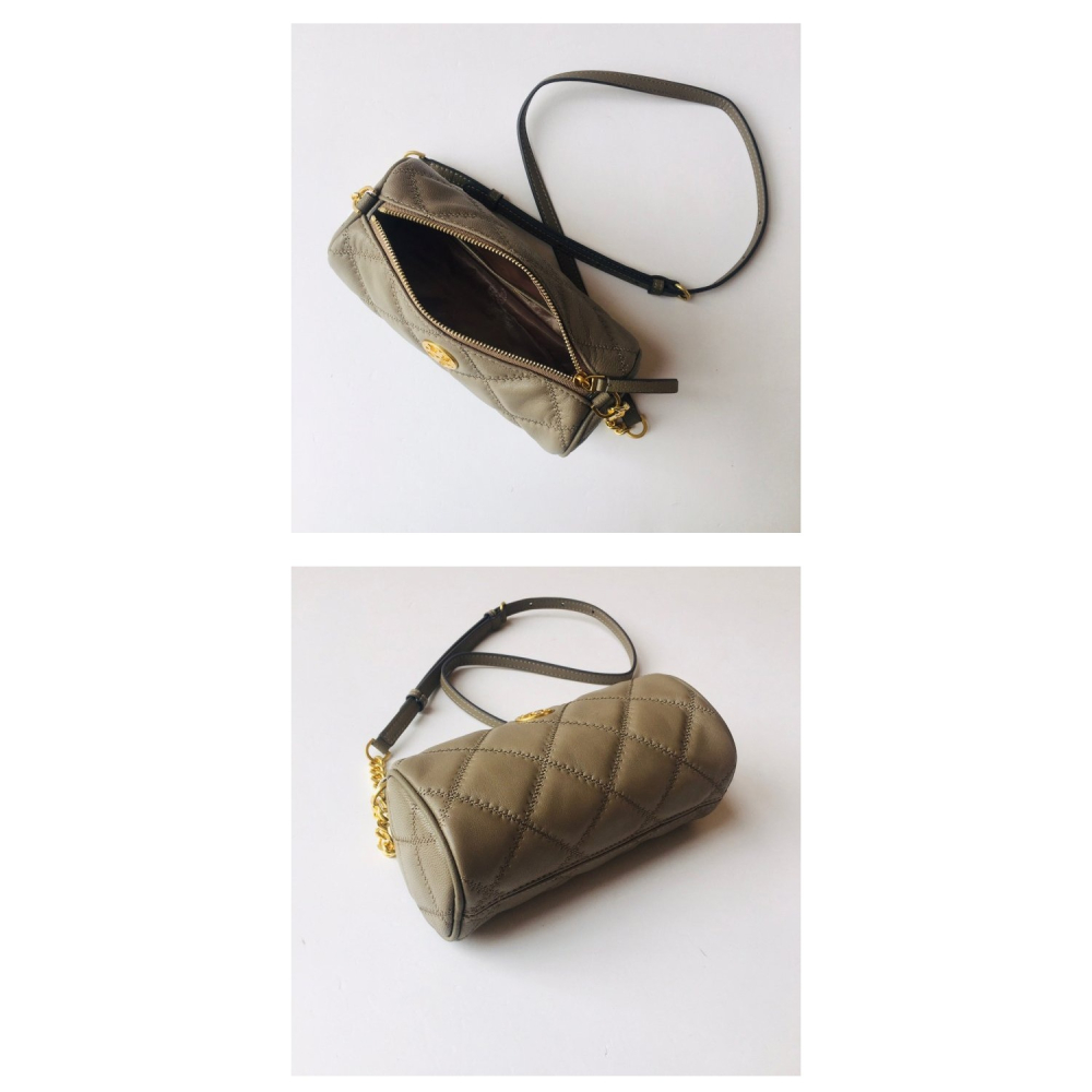 【TORY BURCH】高質感小羊皮菱格紋圓筒斜背小包-岩石灰-細節圖4