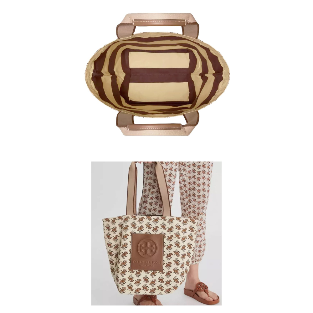 【TORY BURCH】大款帆布手提包-米白底咖啡花-細節圖4